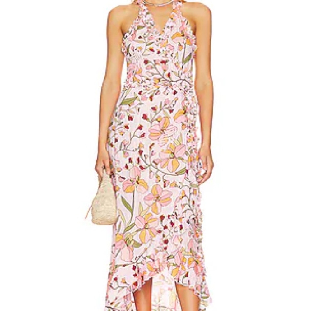 Poupette St. Barth Floral High Low Dress in Pink and Green
